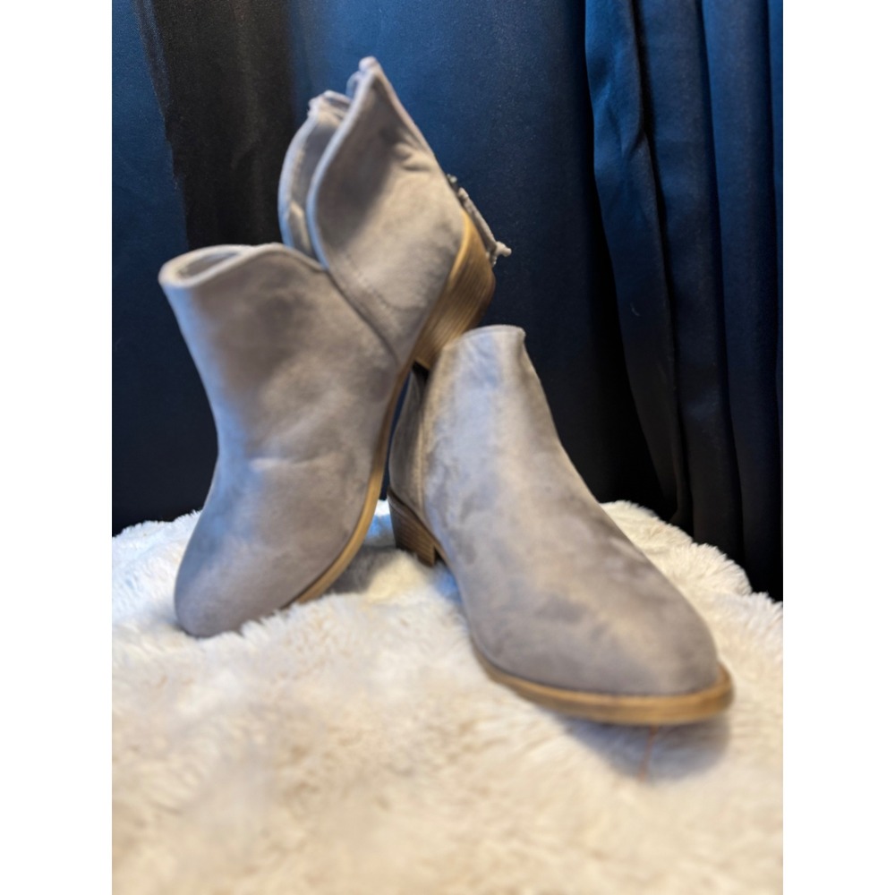 Grey Faux Suede Ankle Boots Pointed Toe Low Block Heel Rear Zip Size 6